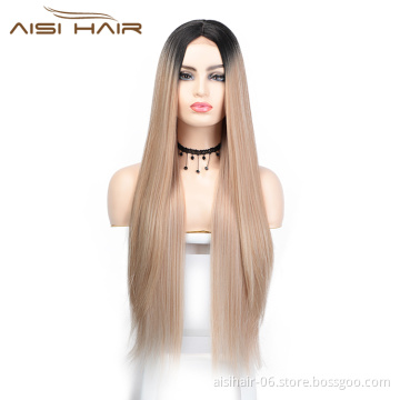 Aisi Hair Ombre Blonde Dark Root Wig Long Silky Straight Lace Frontal Wig Middle Part Synthetic Front Lace Hair Wigs For Women